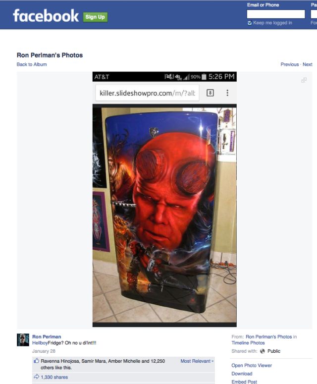 Ron Perlman Facebook post of Hellboy Refrigerator by Mike Lavalle of Killer Paint